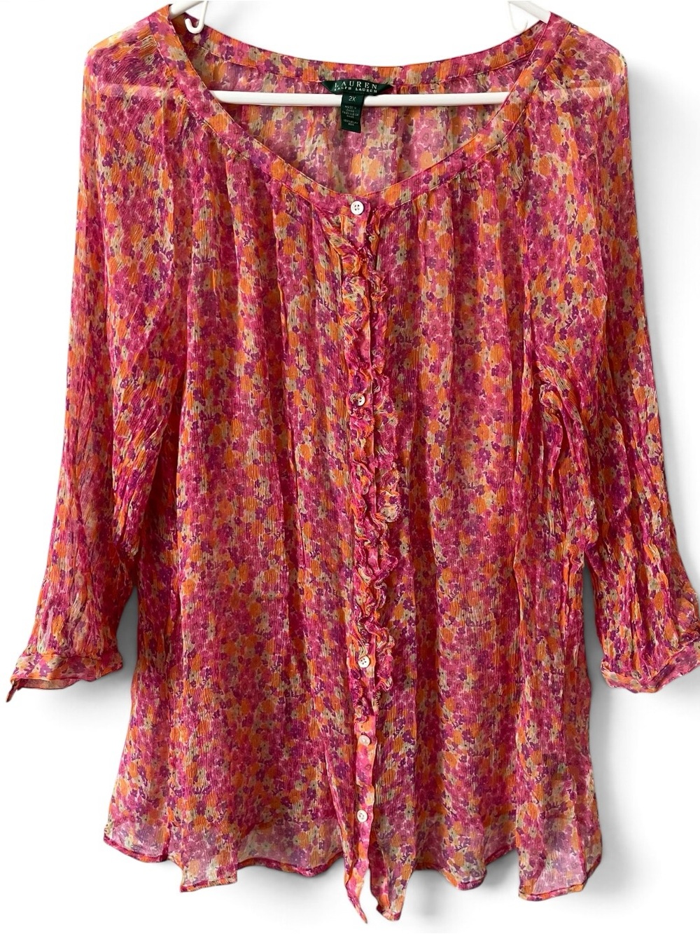 Lauren Ralph Lauren Pink Floral Ruffle-Front Blouse 100% Silk Sheer